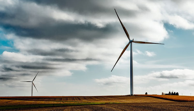 Unos molinos de viento en un prado que aportan algunas ventajas y desventajas de la energía eólica